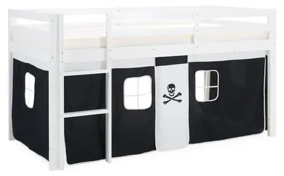 Produktbild von Homestyle4u Hochbett 90x200 Kinder ohne Lattenrost mit Rausfallschutz mit Leiter Vorhang Pirat Schwarz Weiß Massivholz Kiefer Weiß