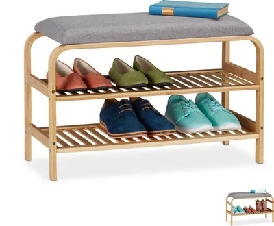Produktbild von Relaxdays Schuhbank, 6 Paar Schuhe, gepolsterte Sitzfläche, Flur und Garderobe, Schuhaufbewahrung HBT 46x69x30 cm, natur