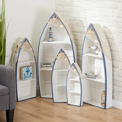 Produktbild von 1x Regal "Ruderboot", 5er Set, weiß/blau, inkl. Netz + Muscheln, Deko