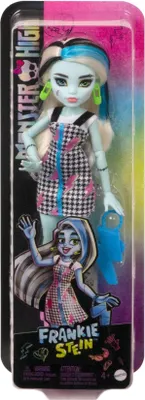 A Monster High Frankie Stein doll in its retail packaging.