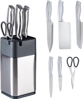Produktbild von Heimwerk Germany Messerblock mit Messer 7-teiliges Set aus rostfreiem Edelstahl inkl. Schärfer – ergonomisches Küchenmesser Set | Kochmesser, Tranchiermesser, Hackmesser, Universalmesser & Schere