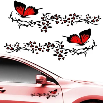Image de Autocollants pour voiture, motifs fleurs et papillons, 2 pièces, rouge/noir, PVC, 30x11 cm