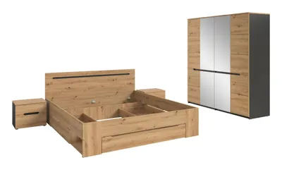 Zdjęcie produktu dla Canu Zestaw do sypialni łóżko 180x200 cm z przechowywaniem, 2 szafki nocne, 1 szafa z lustrem szara, dekor dąb.