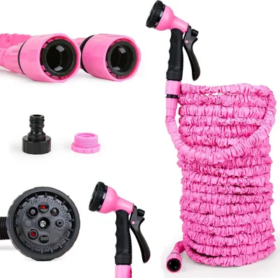 Produktbild von Grafner Flexischlauch, 30 Meter, 3-fach Latexkern, mit 8-fach Soft-Multifunktionsbrause, KEIN PLATZEN, massive Steckverbinder, pink flexibler Gartenschlauch flexi Schlauch dehnbar