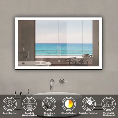 Produktbild von LED Spiegel Schwarzer Rahmen Badspiegel mit 120X70cm Warm/Neutral/Kaltweiß Dimmbar Memory Touch/Wandschalter Beschlagfrei Wandspiegel 1 hour automatische Abschaltung