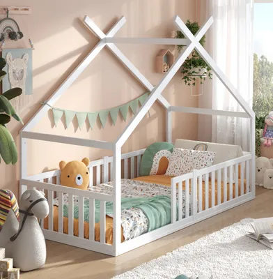 Produktbild von Hausbett 80x160 cm Bodenbett DREAM mit Rausfallschutz & Lattenrost aus Buchenholz