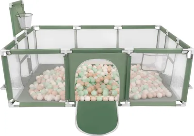 Produktbild von Selonis Laufstall Baby Großer Spielplatz Mit 100 Bälle Laufgitter Für Kinder, Grün:Pastellbeige/Weiß/Minze