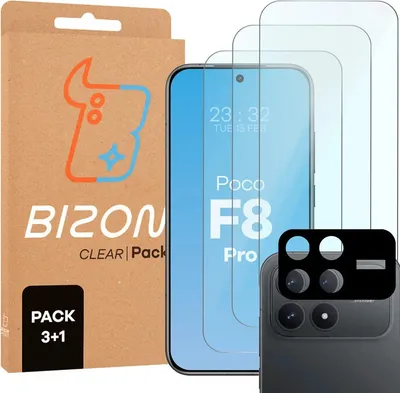 Produktbild von 3x Gehärtetes Glas + Kameraschutz für Xiaomi POCO F8 Pro, Bizon Glass Clear Pack