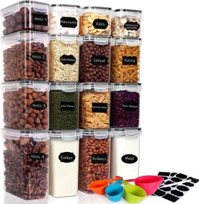 Produktbild von Vorratsdosen, 16er-Set mit Deckel und 4 Messlöffel und 20 Tafeletiketten Vorratsdose, Seal Küche Aufbewahrungsbox Vorratsbehälter 2L 1.4L 0.8L
