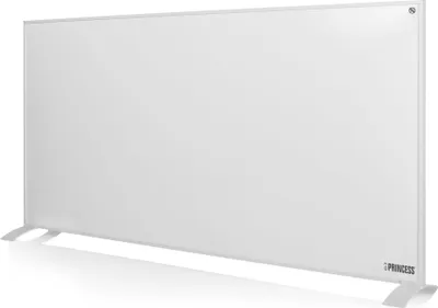 A white panel heater with two feet, shown from a slight angle against a white background.