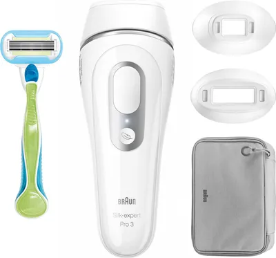 A collection of personal grooming items, including an IPL hair removal device, a razor, and accessories, laid out against a white background.