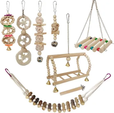 Produktbild von 8Pcs Vogel Papagei Schaukel Kauspielzeug Set, H?lzerne H?ngende H?ngematte Kletterleitern, Haustier V?gel K?fig Spielzeug Fš¹r Kleine Sittich