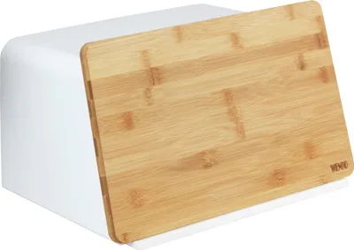 A white bread box with a bamboo lid.