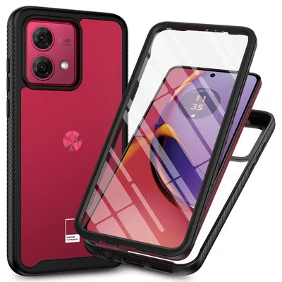 A red phone case with a transparent front cover is shown, with a phone inside the case.