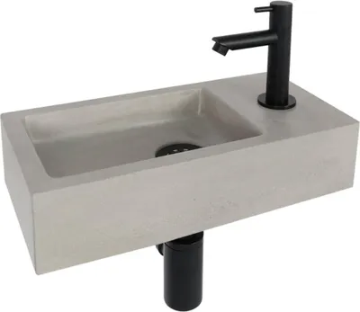 Produktbild von Differnz Jukon Aufsatzwaschbecken 38,5x18,5x9 cm – Waschbecken Bad aus Beton Hellgrau – Mit Wasserhahn Bad in Mattschwarz – Waschtisch mit Standardgriff für Gäste-WC