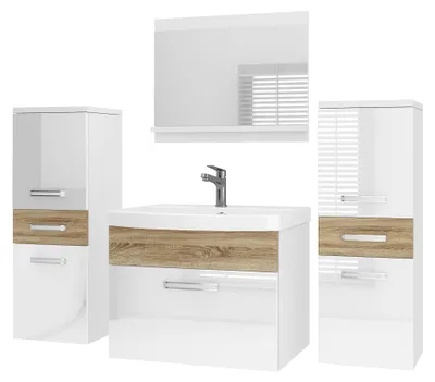 Immagine prodotto di Set di mobili da bagno BELINI PRI PM4 120 cm bianco/rovere Sonoma lucido - Mobile da bagno moderno con lavabo e specchio, completamente accessoriato, montaggio a parete
