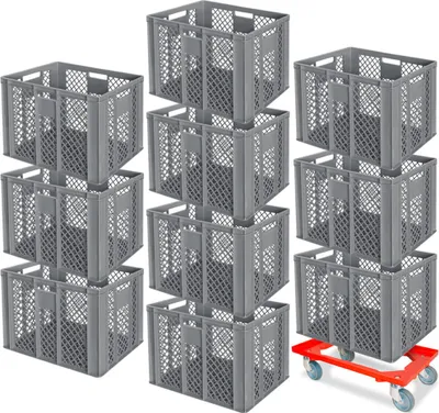 Produktbild von 10 Stapelkörbe, Euro-Format LxBxH 600 x 400 x 410 mm, Industriequalität, lebensmittelecht, grau + GRATIS Transportroller