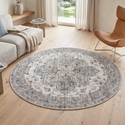 Image de Homebyhome Tapis lavable vintage tapis rond salon chambre design oriental entretien facile Taille: 120 cm rond