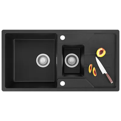 Produktbild von Granitspüle 86x45 cm Küchenspüle, kratzfest & pflegeleicht Einbauspüle Spülbecken Schwarz, Cecipa Quarzstein 1.5 Becken mit Abtropffläche
