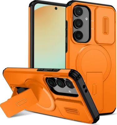 Image de Étui magnétique pour Samsung Galaxy S24 FE, étui durable à deux couches avec protection coulissante de l'appareil photo et support réglable Orange
