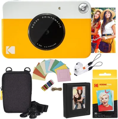 Produktbild von Kodak Printomatic Sofortbildkamera (Gelb) Paket + Zinkpapier (20 Blätter) Etui +