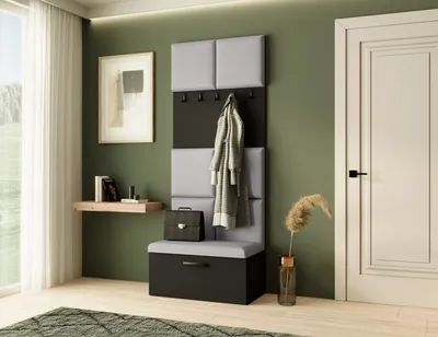 Produktbild von Garderobe MARGARET I, Farbe: Schwarz + Grau, mit gepolsterten Paneelen und Kleiderhaken