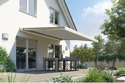 Produktbild von SOLUNA Kassettenmarkise Modern 5,5x2 Stoff Dessin 320925 Gestell RAL 9010 reinweiß Antrieb rechts inkl. Motor und Wandsc