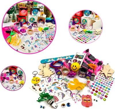 A collage of images showing various craft supplies and small toys, likely for a DIY advent calendar or party favors.
