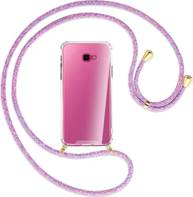 Produktbild von Handykette Backcover-Schutzhülle mit Band (Metall goldfarben) für Samsung Galaxy J4 Plus - lila/rosa/blau