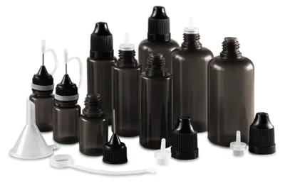 Produktbild von Set von 9 Flaschen 5 - 50 ml schwarz mit Verschlüssen Dosierhilfen und Trichter