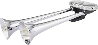 A pair of chrome fanfare horns attached to a black base, isolated on a white background.
