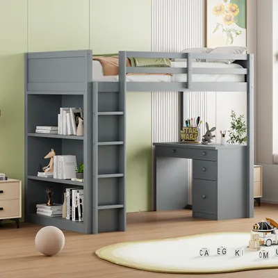 A loft bed with a desk and bookshelf in a child's room.