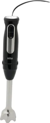 A black and silver hand blender is shown against a white background.