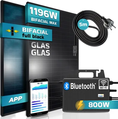 Produktbild von SUNNIVA® 1196W Balkonkraftwerk komplett Steckdose, TSUN 800W Wechselrichter, PV Solaranlage, 2x460W BIFAZIAL, FULL BLACK, Glas-Glas, 5m Kabel, Wifi
