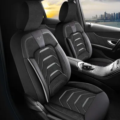 Produktbild von Sitzbezüge Bodrum Schwarz Grau – Jacquardstoff mit Kunstleder – universelle Autositzbezüge – perfekte Passform für über 3000 Fahrzeugmodelle – Komplettset – Vordersitze und Rückbank.Ausführung:Komplettset – Vordersitze und Rückbank,Farbe:Schwarz Grau