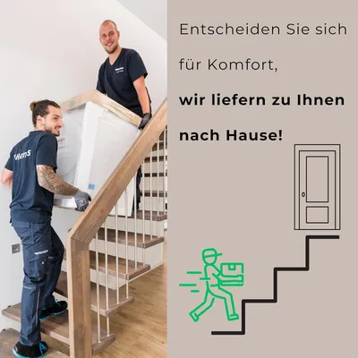Two movers carrying a large appliance up a staircase, with graphic elements of a door and a delivery person with boxes.