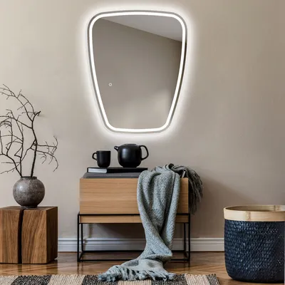 Produktbild von Unregelmäßiger asymmetrischer Spiegel mit LED Beleuchtung 94x114 cm - mit LED Beleuchtung - LED Farbe Kaltweiß 7000K - Individuell Nach Maß - Beleuchtet Wandspiegel Lichtspiegel Badezimmerspiegel - Sensor Schalter - TRZ223