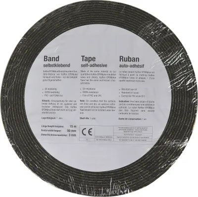 A roll of black self-adhesive tape with text and a CE marking on a white label.
