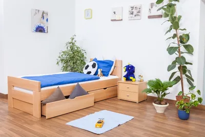 Produktbild von Kinderbett 90 x 200 cm | Massivholz: Buche | Natur Lackiert | inkl. 2 Schubladen und Lattenrost