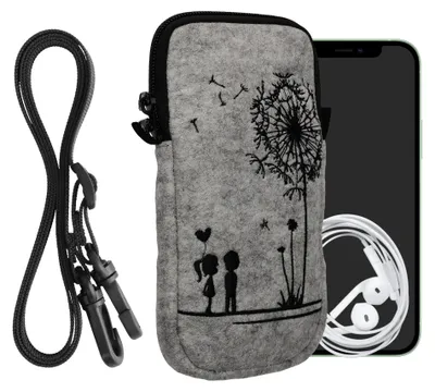 Produktbild von kwmobile Handytasche für Smartphones XXL - 7" - Filz Handy Hülle Schwarz Hellgrau - Handy Tasche mit Kette 17,7 x 8,5 cm Innenmaße - Pusteblume Love