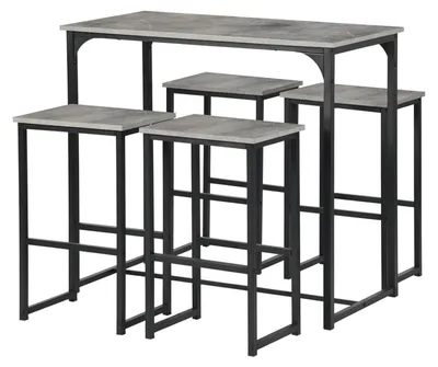 Image de Ensemble de table de bar avec 4 tabourets, style industriel, couleur grise, dimensions : 100 x 50 x 90 cm
