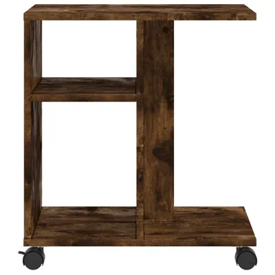 A side view of a wooden side table with wheels on a white background.