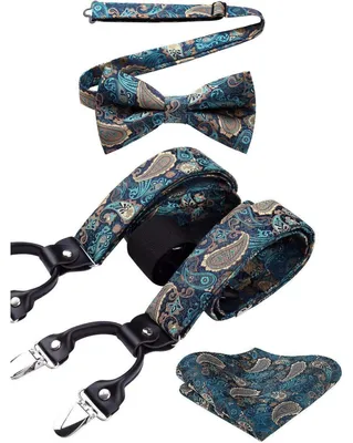 Produktbild von Hosenträger Set Herren Blaugrün 3,5 cm mit 6 Clips Y-Form Elastisch Längenverstellbar 130 cm Fliege Einstecktuch 3er Set