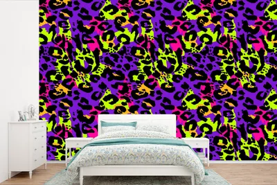 Produktbild von MuchoWow® Fototapete für Wohnzimmer oder Schlafzimmer Wandtapete Vinyl Motivtapete Pantherdruck - Neon - Lila - Gelb - 525x350 cm - Das Hintergrundbild