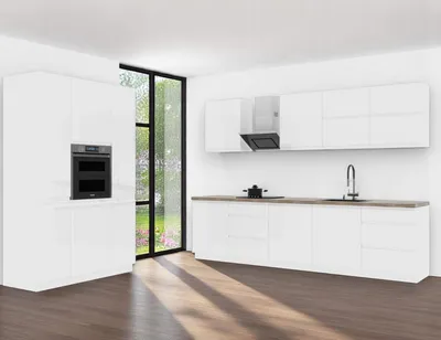 Produktbild von Küchenzeile – Küchenblock – Winkelküche – Komplettküche – Eckküche – Velmora – K74-G440 –300 x 140 cm– Weiß Hochglanz Ohne Arbeitsplatte & Elektrogerä
