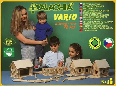 A family is shown with a toy building set, with the product packaging in the background.