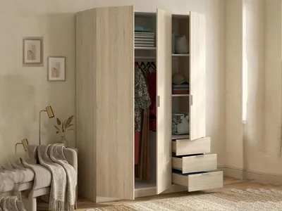 Produktbild von Kleiderschrank Dbarro, Garderobe für Schlafzimmer, Kleiderschrank mit 3 Flügeltüren und 3 Schubladen, 121x52h184 cm, Eiche