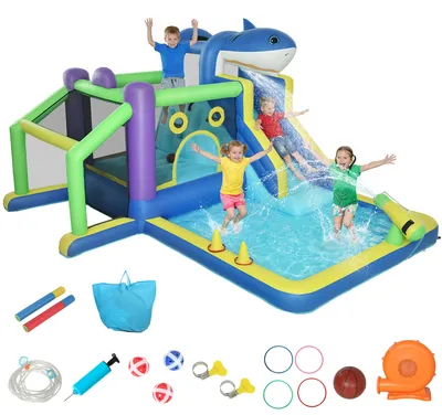 Produktbild von AIYAPLAY Hüpfburg mit Gebläse 8-in-1 aufblasbare Wasserpark mit Hai-Design