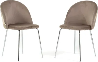 Produktbild von Set 2 gepolsterte Esszimmerstühle aus dekoriertem Samt, Metallbeine, elegantes Design für Küche, Esszimmer, Bar und Restaurants SARA - Taupe/Silber