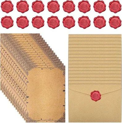 Produktbild von Romantische Briefpapier-Set mit Umschlägen, A5-Kraftpapier, 16 Wachssiegel-Stickers für Liebesbriefe, Hochzeit und Einladungen - Ideal für kreative Projekte